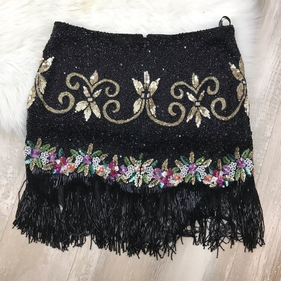 SHERRI HILL Black Two Piece Beaded Halter Top Floral Fringe Skirt Size 12 51476 - Picture 12 of 16